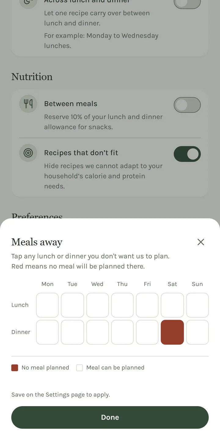 Meals away, with Saturday dinner marked