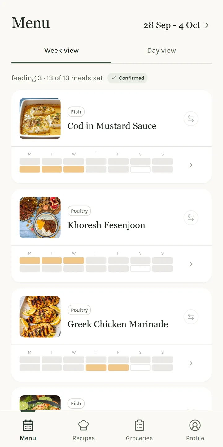 The Menu screen, showing the week’s dishes